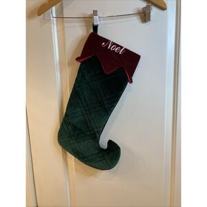 Velvet Quilted 19" Christmas Stocking Dark Green Red Top Embroidered NOEL Jester